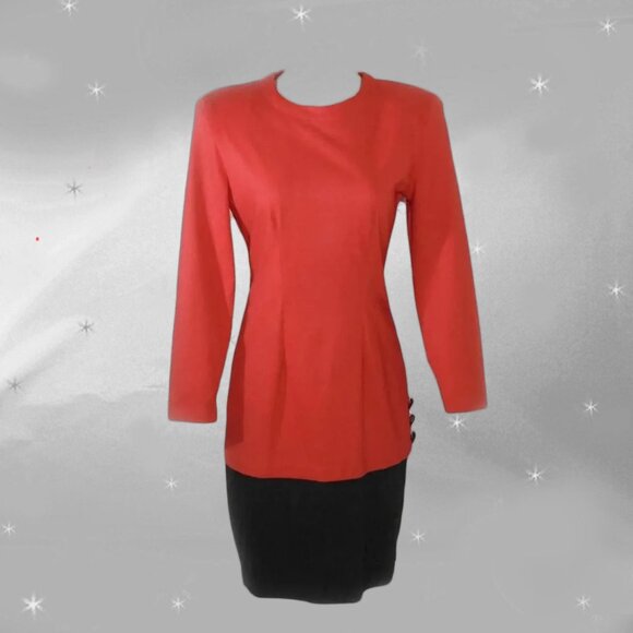 Red Black Dress, Bodycon Colorblock Knit Sheath with Sleeves - 80s Vintage - Picture 2 of 13